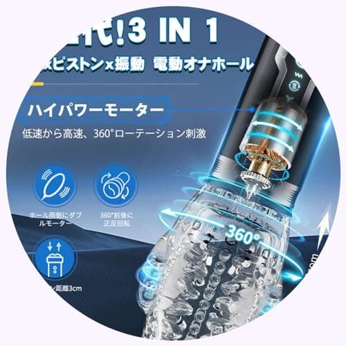 オナホ 360°回転ピストン+振動 三重集中刺激 透明デザイン 電動オナホール